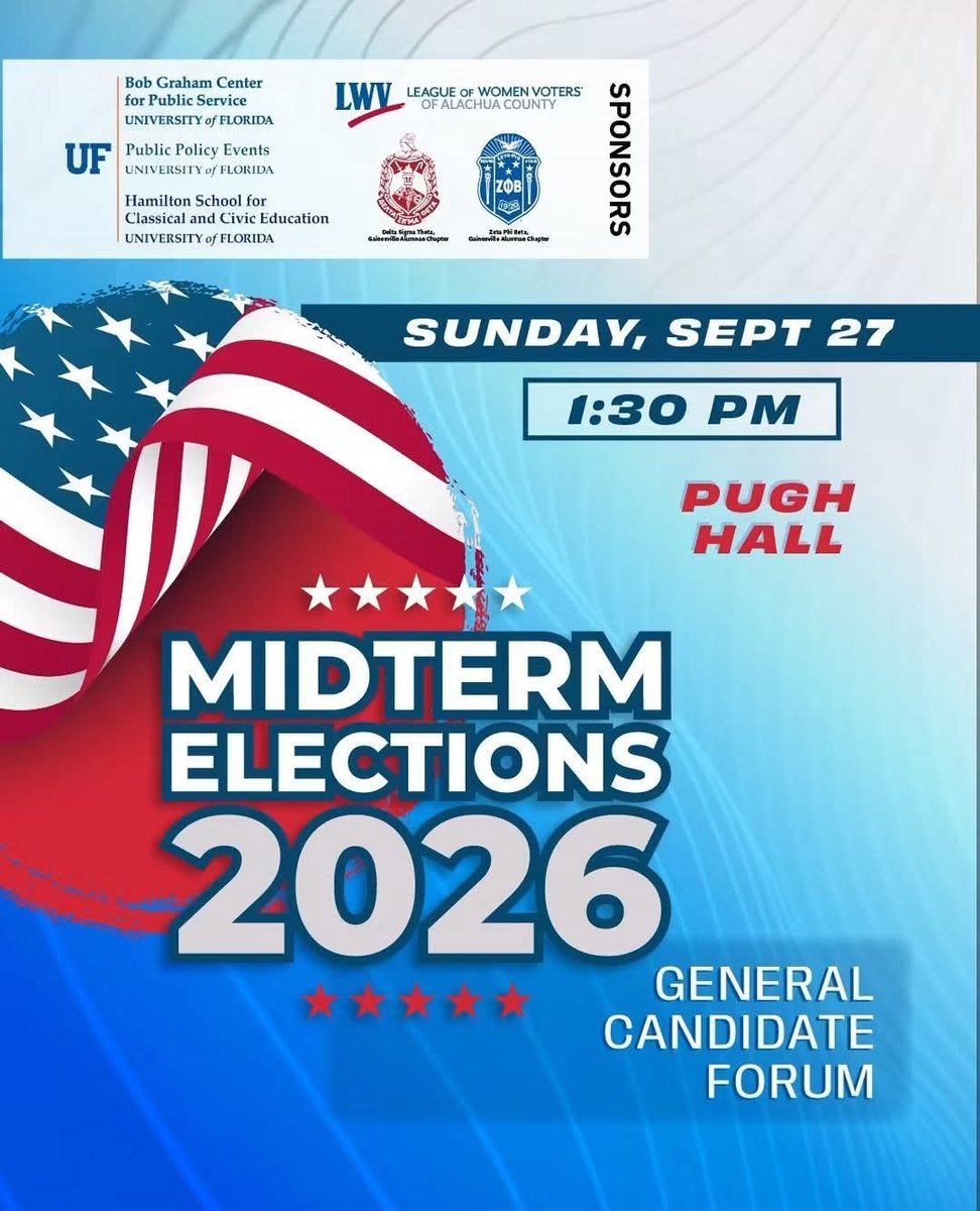 GvilleZetas's tweet photo. Get informed. Get engaged. Get ready!
The Gainesville Zetas are proud to sponsor the 2026 General Candidate Forum on Sept. 27 at 1:30 PM at UFβs Pugh Hall. Hear from local candidates and learn more ahead of Election Day.
#ZPhiB1920 #GainesvilleZetas #VoterEducation https://t.co/8lU4aBlDNK