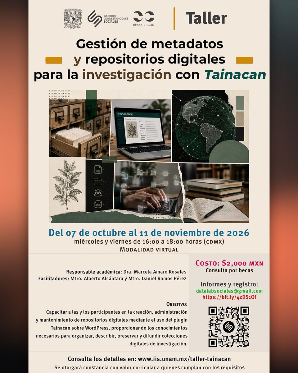 IISUNAM's tweet photo. ✨️¡Ya puedes inscribirte al taller Gestión de metadatos y repositorios digitales para la investigación con Tainacan!✨️

¡Pregunta por becas!

Consulta la información completa en:
https://t.co/O7H4DnP4LC https://t.co/THttkm2Jvo