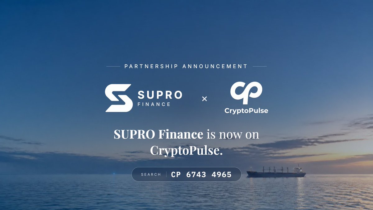 SuproFinance's tweet photo. Supro Finance is now on CryptoPulse.

@CryptoPulseGLBL connects Web3 users and projects through its SocialFi community layer. This gives Supro a direct channel to speak with community members more efficiently, posting product updates, education, and discussion in one place.

In the CryptoPulse app, open Message and search:
• UID [1495321] — follow our official account
• Group ID [CP 6743 4965] —
Join the community if you want updates on on-chain private credit, maritime receivables, and the upcoming vault.

Download only from the official @CryptoPulseGLBL app link.