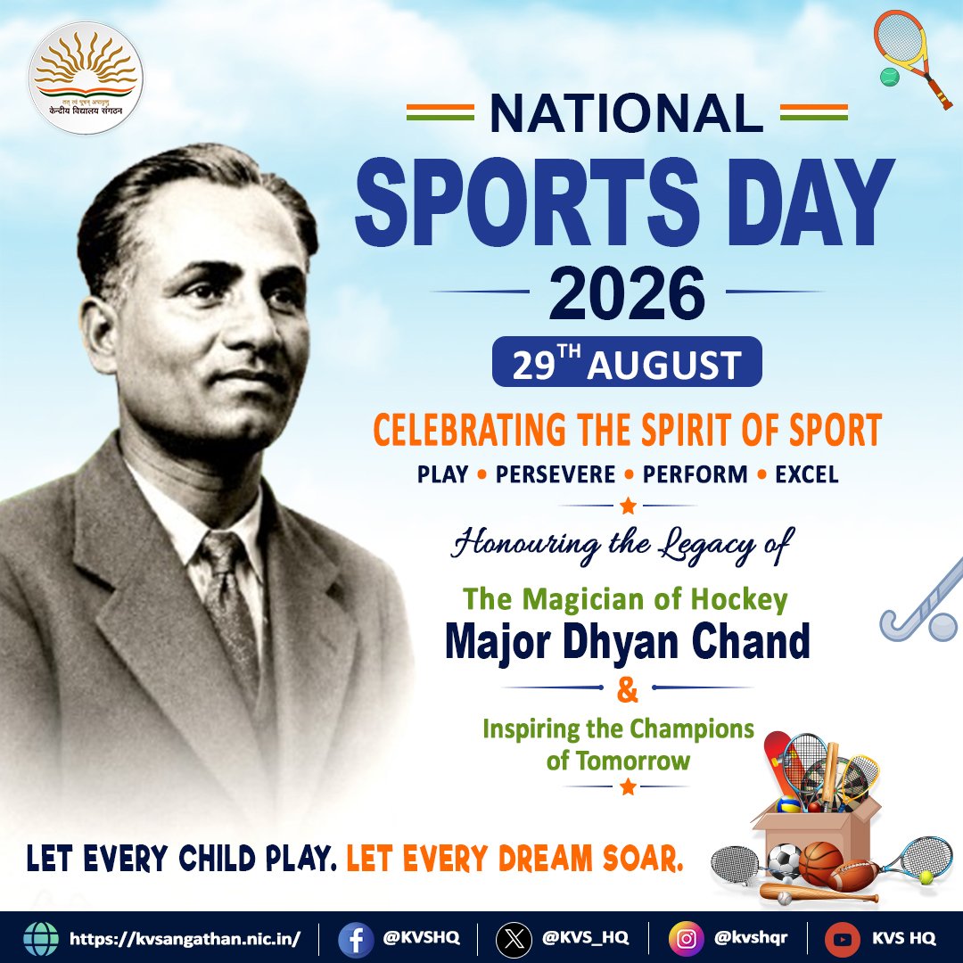 KVS_HQ's tweet photo. #NationalSportsDay!

Celebrating the spirit of sportsmanship, discipline and determination!

On the birth anniversary of the legendary Major Dhyan Chand, let’s inspire our young minds to embrace sports, nurture talent and strive for excellence.

खेलेगा भारत–जीतेगा भारत https://t.co/W4W1ZOErLk