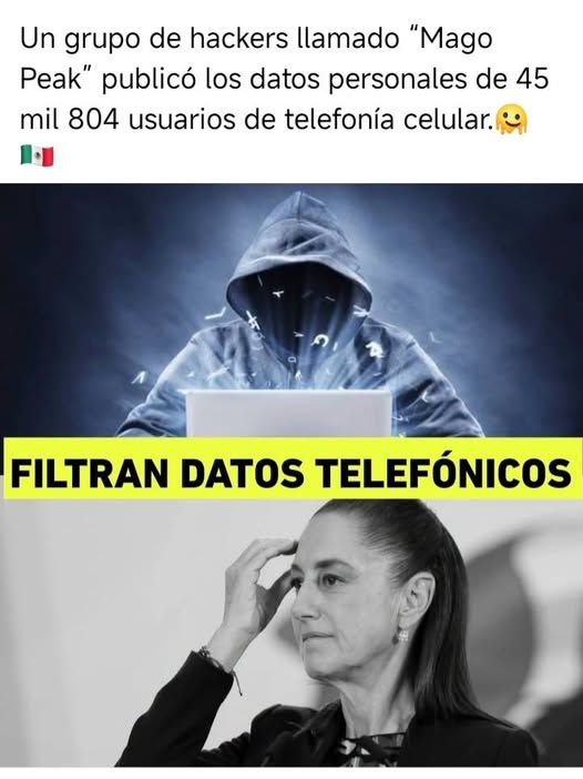 lunadeandromeda's tweet photo. Un grupo de hackers llamado “Mago Peak” publicó los datos personales de 45 mil 804 usuarios de telefonía celular.
 Se filtraron:
• Nombres completos
• Números telefónicos
• RFC
La mayoría son clientes de AT&T, especialmente de Chiapas. Estos datos pueden usarse para fra*&&udes, ex&&%%torsiones y ro*&bo de identidad.
Un grupo de hackers llamado “Mago Peak” publicó los datos personales de 45 mil 804 usuarios de telefonía celular