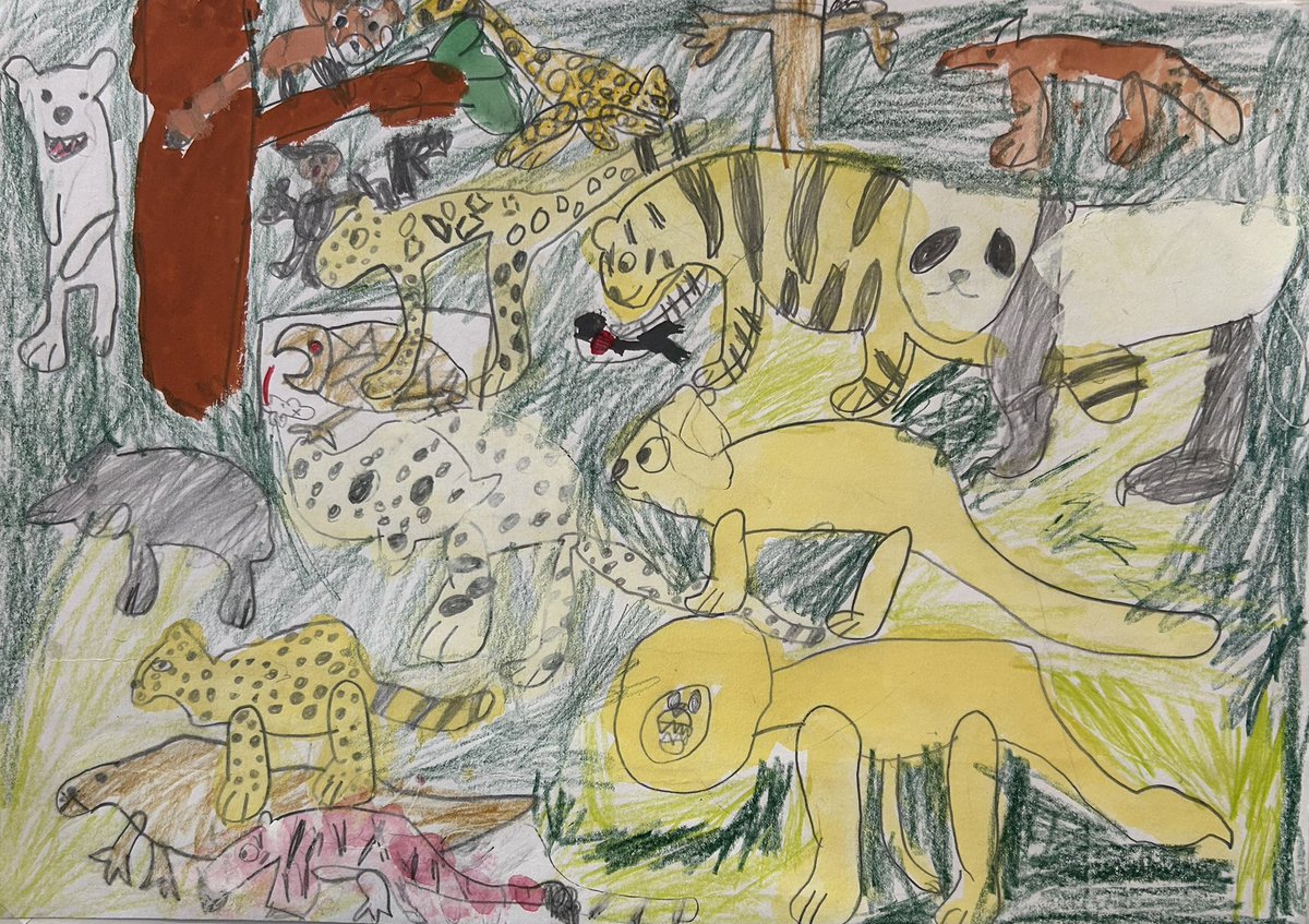 tanba_manabi's tweet photo. 【第22回マナビキッズ絵画展より】

「いろんな動物たち」
A君（2年）制作年

画用紙の余白がないくらいたくさんの種類の動物が描けましたね^_^とてもいきいきと描けています。

2026年9月1日（火）迄※月曜日は休館
丹波年輪の里 木の館ホールにて
9:00-17:00

#絵画教室学美隊 #学美隊 #丹波市 #丹波 https://t.co/NURmqRFyDx