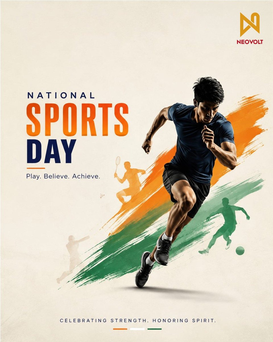 NeovoltIndia's tweet photo. Every champion begins with belief—and every victory is powered by passion, discipline and an unstoppable spirit. This National Sports Day, let’s play harder, dream bigger and keep moving forward. 🏃♂️🇮🇳
#NationalSportsDay #PlayBelieveAchieve #NeoVolt #LiveLoudStayCharged https://t.co/XlqoRZixhK