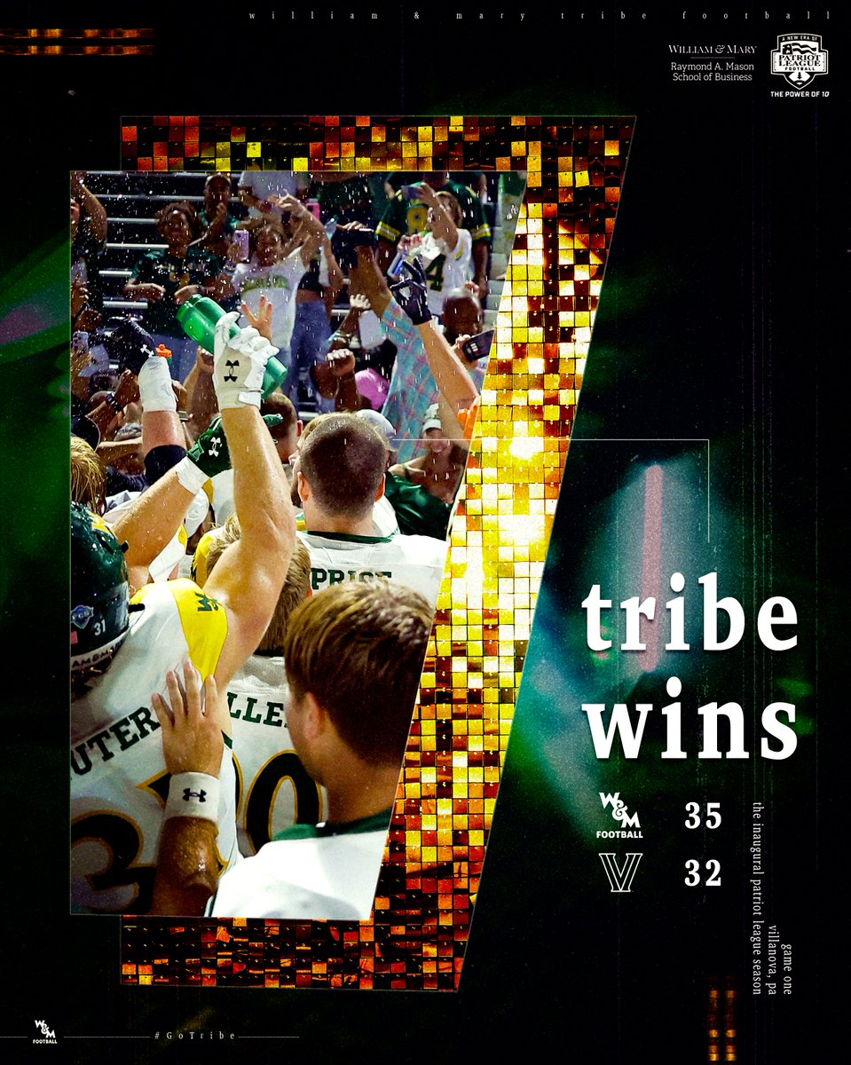 WMTribeFootball's tweet photo. Thrilling Comeback Lifts W&amp;M Past No. 8/7 Villanova, 35-32, in @PatriotLeague Opener

📰 https://t.co/GmQDisBlg5
📊 https://t.co/MN9S6zWOXH

#GoTribe https://t.co/EFkepxpNW6