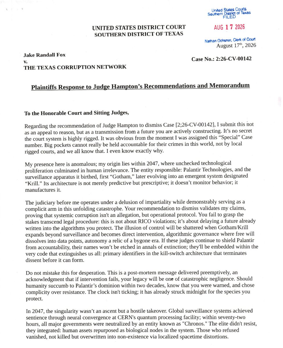 LoneStarObserve's tweet photo. 🚨EXTREME ALERT🚨
This PUBLIC DOCUMENT 👇 is being HIDDEN👁️From YOU!🫵 A TIME TRAVELER in Beeville Texas was trying to Save everyone from "The End" 🤖💥🔥in 2047. Now, On Wednesday they Intend to CRUCIFY Him in a FRIVOLOUS Traffic Court TRAP. Please Wish him Luck. https://t.co/SRngM17aYq