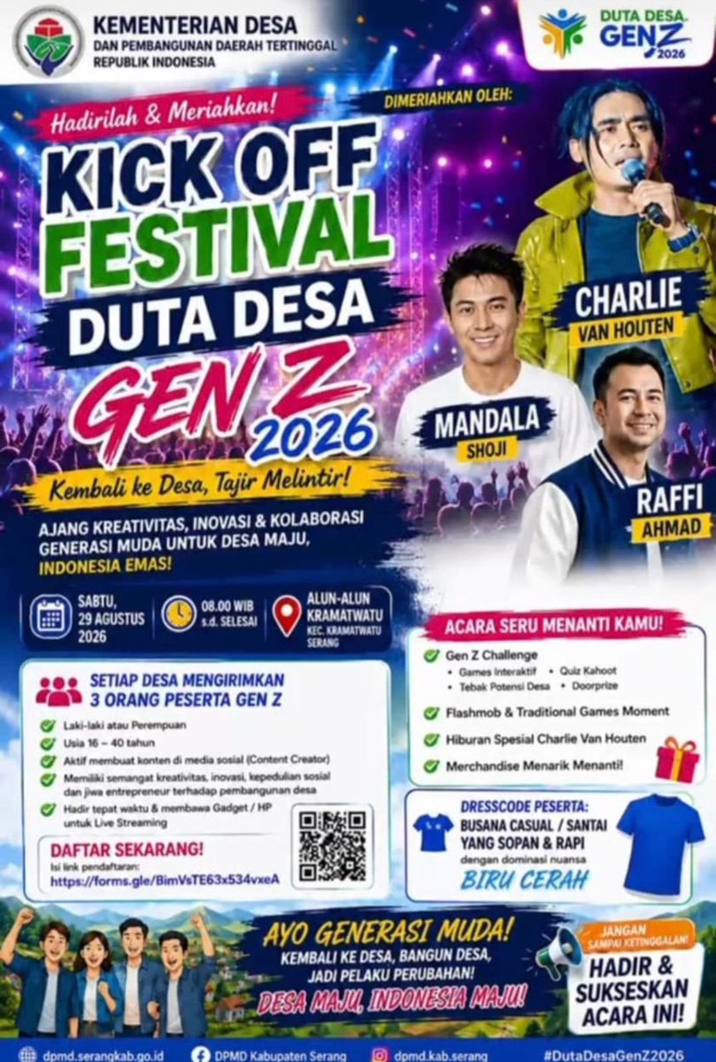 pakdeherlin's tweet photo. FESTIVAL DUTA DESA Gen-Z 2026 wadah inkubasi nasional utk menjaring, edukasi pemuda desa yg berjiwa kepemimpinan, kreatifitas digital  membentuk SDM perdesaan yg inovatif mampu jadi local champion
#FestivalDutaDesaGenZ
#BerdayaSaingGlobal
#LocalChampion
#BangunDesaBangunIndonesia https://t.co/bIlfiI3sWe