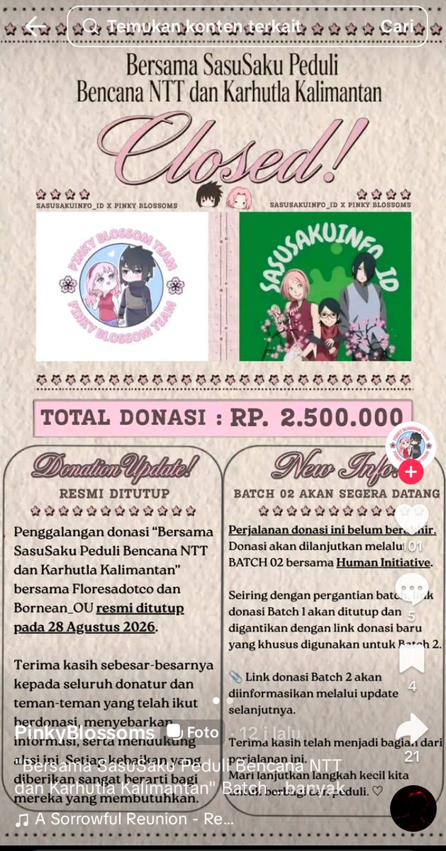 gardenialily_'s tweet photo. Naruto fandom is disgusting, in a post by Sasusaku fans raising donations for the victims—both human and animal—of the earthquake in NTT and the forest fires in Kalimantan, they still found time to insult rather than contribute. Even positive activities aren't safe from hatred. https://t.co/CHIm1IMb4h