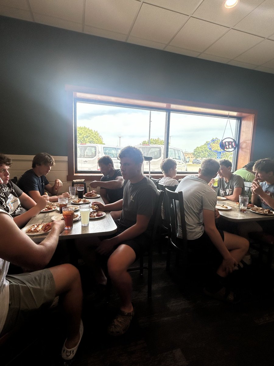 HLOFFootball's tweet photo. The end of fall camp means the annual trip to Worthington Pizza Ranch for good food and good fellowship! #GoCoyotes https://t.co/eIL0f4vw0o