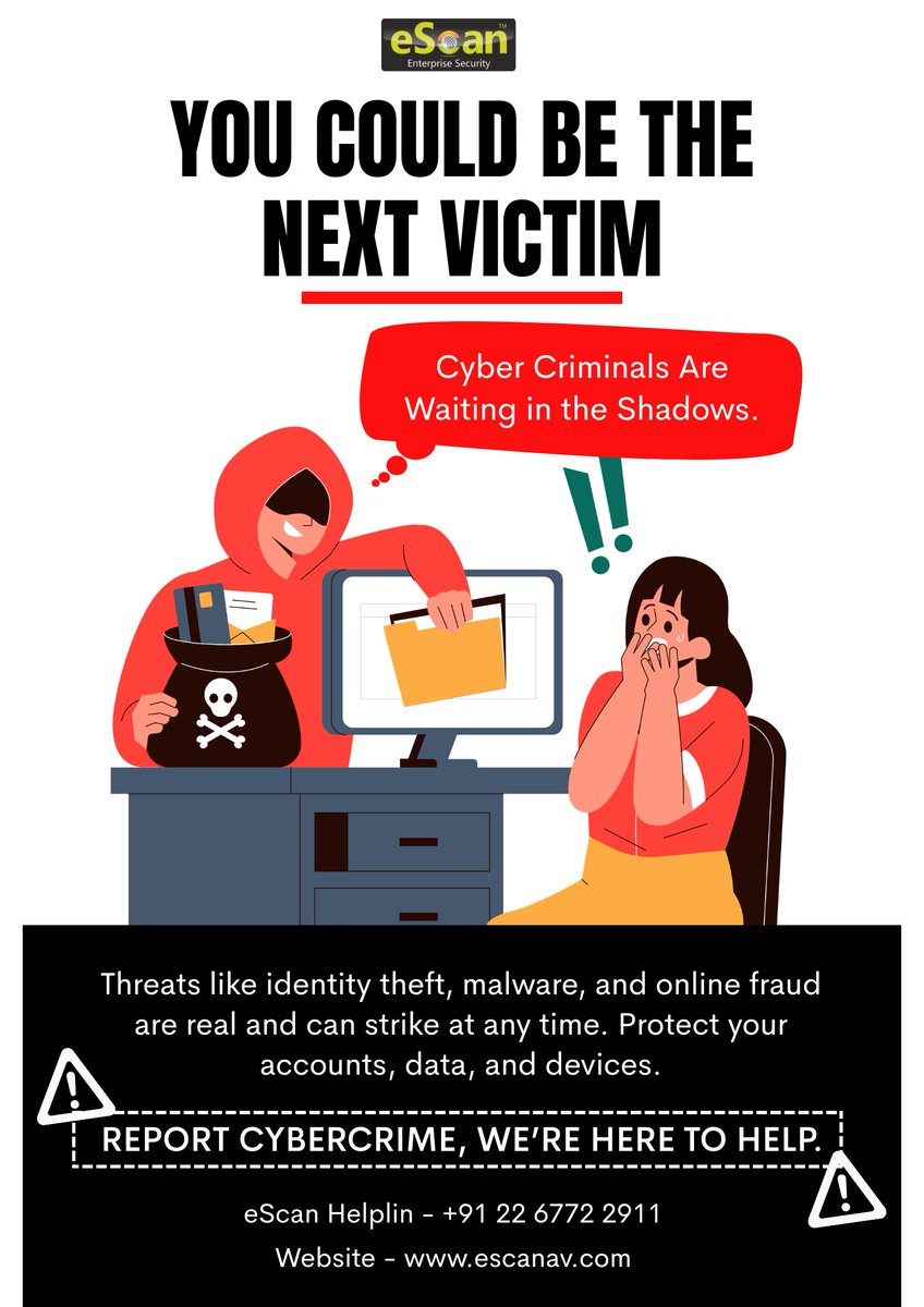 escan_tweet's tweet photo. You could be the next victim.

Cyber criminals are waiting in the shadows — identity theft, malware, online fraud can strike anytime.
Protect your accounts, data &amp; devices.
Seen something suspicious? Report cybercrime — we're here to help.
#eScan #CyberSecurity #StaySafeOnline https://t.co/f7A1h4IJzY