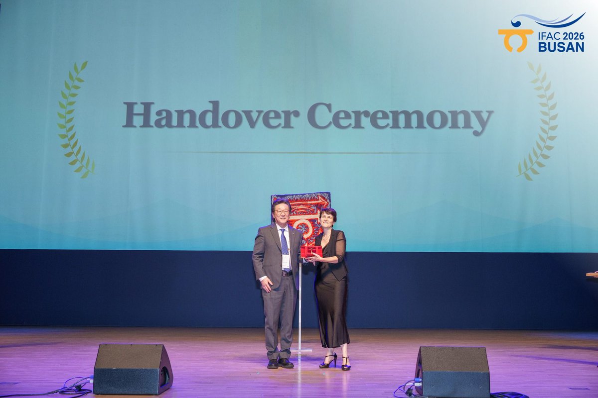 IFAC_Control's tweet photo. The IFAC seal has a new keeper. 🤝

At the Closing Ceremony in Busan, Dongil "Dan" Cho handed the IFAC presidency to Maria Prandini, who leads the federation through 2026–2029.

Thank you, Dan. Welcome, Maria.

#IFAC2026 #AutomaticControl https://t.co/XfAq88i4Wj