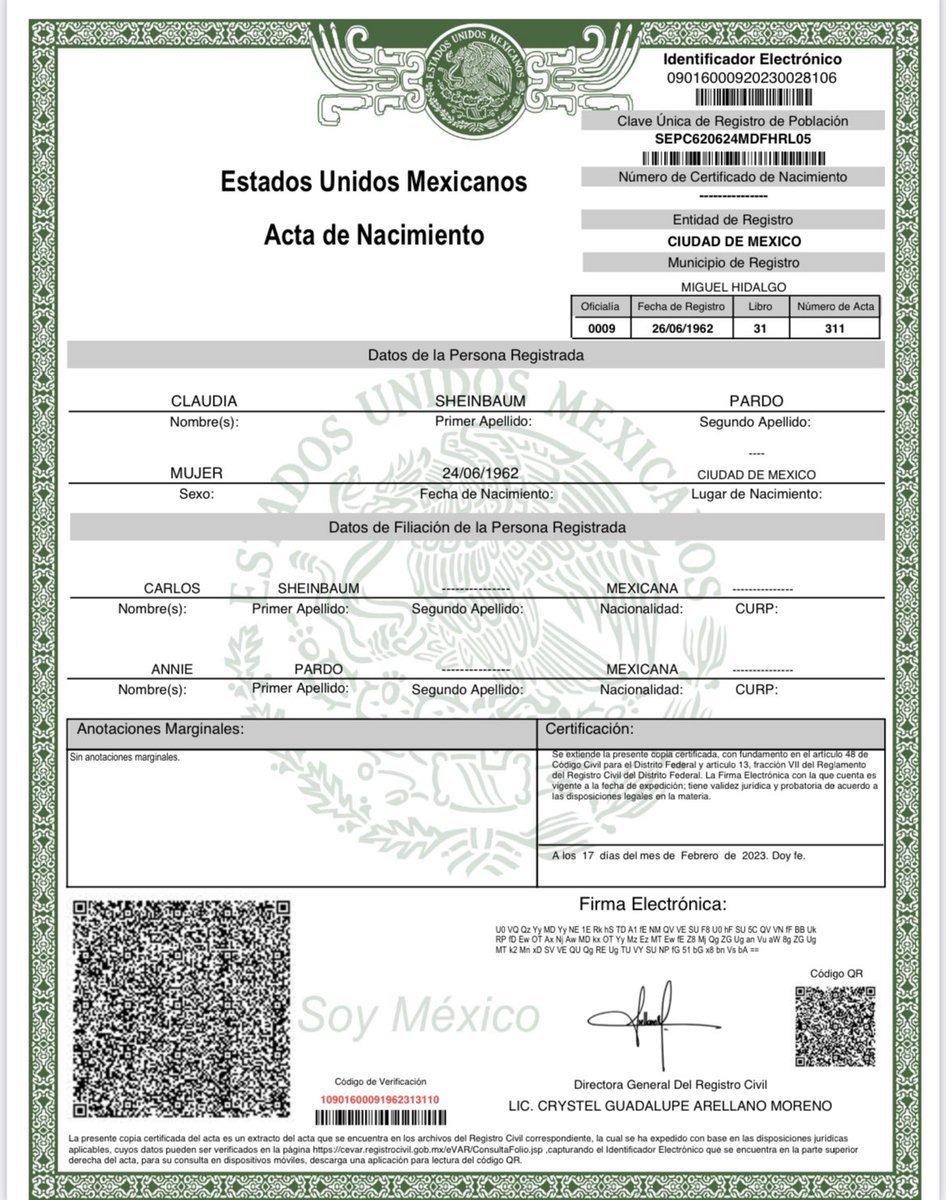PonchoAviles1's tweet photo. Resulta GROTESCO que @Claudiashein desee impedir que personas con doble nacionalidad puedan ser presidentes de México cuando existen pruebas de que su acta de nacimiento, la mismísima que publicó aquí el 28 de junio de 2023 para demostrarnos que era 100% mexicana... ¡ES FALSA! https://t.co/MS4QGS8cjs