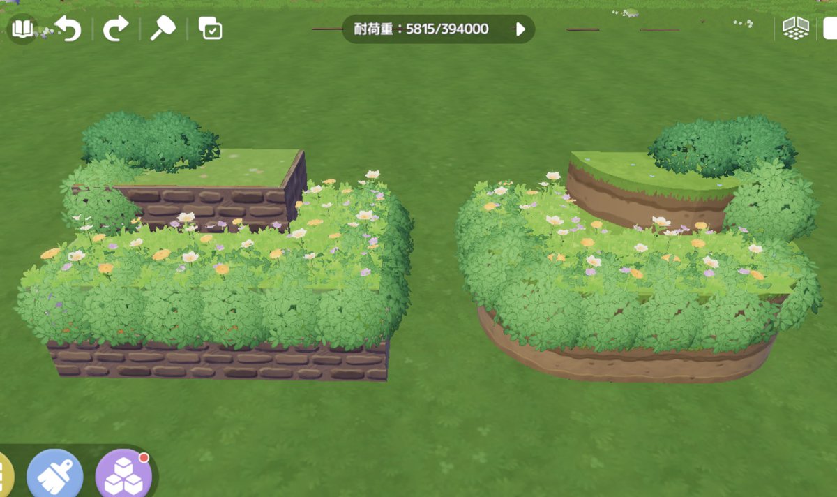 karame_wasabi's tweet photo. 左(半マス壁)、右(地形ブロック)比較🪵

地形ブロックでも2つのブロックを重ねると、下段にいけがきを仕込めるので、もりもりさせながらカーブした地層の壁面も見せれてかわいい

#ハートピア https://t.co/2vnFeAD0ig