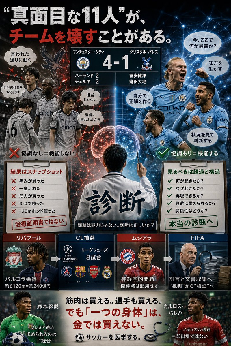 jirojiro0613's tweet photo. ⚽サッカーを医学する。

真面目な11人が、強いチームとは限らない。
全員が「言われた通り」に動��た瞬間、チームは壊れることがある。

マンC 4-1 パレス。
ハーランド2得点。チェルキ2得点。
だが今日医学したいのはそこではない。

パレスには冨安健洋も鎌田大地もいた。
能力のある選手はいる。
それでも4失点した。

なぜか。

逆にチェルキは開幕2試合で2得点2アシスト。数週間で筋力が急増したわけでも、突然上手くなったわけでもない。変わったのは能力ではなく、能力が出る関係性だったのかもしれない。

カラダも同じだ。
大腿四頭筋5、ハムストリング5、可動域正常、MRI異常なし。
なのにうまく走れない。
人間は正常なパーツを集めただけでは正常に動かない。

必要なのは協調だ。

だから
4失点して「冨安が悪い」「DFが悪い」で終わらせるのは簡単だ。だが医学なら、そんな診断はしない。
膝が痛いから膝が悪い、と同じだからだ。
そんな診断は��どもでもできる。
SNSでも���く見かける。

前線のプレスはどうだったか。
中盤はどこへ誘導したか。
最終ラインはいつ出たか。
誰かがズレた瞬間、誰が埋めたか。

ゴールは最後に出た症状にすぎない。
病態は、その何秒も前から始まっていたかもしれない。

仕事の世界では

「真面目な人ほど行き詰まる」

ことが日本人にはよくある。

監督に言われた位置を守る。
決められた相手を見る。
走る。
戻る。
自分の仕事を100％やる。

全部正しい。
だがサッカーは1秒後には状況が変わっている。11人全員が「自分は言われたことをやっています」になったらどうなるか。
誰も間違っていない。
なのにチームとしては間違っている。

真面目さが悪いのではない。
真面目さが「正解依存」になった瞬間、武器からブレーキに変わる。

医療でも似ている。
筋力も可動域も画像も見た。
決められた運動もやったけど良くならない。「じゃあ筋トレを10回増やしましょう」——

いや、待て��

足りないのは努力ではない。
診断がズレているのではないか。
ここを疑えるか。

今季のトッテナムもそうだ。

約£380m、ざっくり800億円前後を使って大量に選手を入れ替えた。£380mの大手術だ。

高性能な筋肉と関節を入れた。

では翌日から全力疾走できるか。

できない。

誰が出るのか。
誰が残るのか。
誰が誰を助けるのか。

新しいカラダには新しい協調運動が必要になる。補強額では測れない。見るべきなのは、このカラダがもう「自分のカラダ」として動き始めたのか、だ。

その「協調」を作るのは誰か。

ここで出てくるのが
「主人公として生きる力」だ。

主人公とは、全部自分でやる人でも、指示を無視する人でもない。
状況を見て「ここは自分が行く」「今は味方を使う」「予定と違うが、こっちだ」と判断でき���人だ。与えられた正解を守る人ではなく、目の前で正解を作れる人。

チェルキが一人で5人抜くことではない。
ハーランドが全部決めることでもない。
自分が動けば味方が生きる。
味方が動けば自分も生きる。
その関係をピッチ上で編み直せる。

それが主人公だ。

だから
「監督に言われたから」
「僕の担当じゃないから」
「自分の仕事はやりました」

これで終わった瞬間、
真面目だけど脇役になる。

これはサッカーだけの話ではない。

医療でも、
仕事でも、
組織でも。

マニュアルを守った。
検査した。
説明した。

だから
自分は悪くない。

だが、患者は良くなったのか。
そこから逃げたら本質を見失う。

マンCの4-1で医学したいのは、ハーランドの2得点でもチェルキの2得点でもない。

なぜ
この環境では能力が出るのか。
逆にパレスでは、能力のある選手が揃っていてもなぜ4失点したのか。
サッカーもカラダも、パーツの性能だけでは説明できない。

良い筋肉���買える。
良い選手も買える。
800億円あればかなり買える。

だが
「言われた通り」から一歩出る力は買えない。周囲を見て、自分で判断して、関係性を変える。それは現場でしか育たない。

真面目な11人より、主人公が11人いるチームの方が怖い。
筋肉は買える。
選手も買える。

「一つのカラダ」は金では買えない。

健康でいたい。