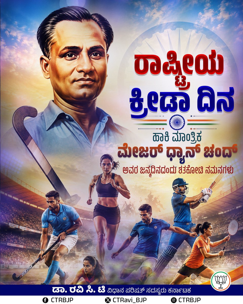 CTRavi_BJP's tweet photo. ಭಾರತದ ಹಾಕಿ ಸಾಮ್ರಾಜ್ಯಕ್ಕೆ ವಿಶ್ವಭೂಪಟದಲ್ಲಿ ಸುವರ್ಣ ��ಧ್ಯಾಯ ಬರೆದು, ತಮ್ಮ ಅತ್ಯದ್ಭುತ ಆಟದಿಂದ ದೇಶದ ಕೀರ್ತಿಪತಾಕೆಯನ್ನು ಗಗನೆತ್ತರಕ್ಕೆ ಹಾರಿಸಿದ ಕ್ರೀಡಾರತ್ನ, ಹಾಕಿ ಮಾಂತ್ರಿಕ ಮೇಜರ್ ಧ್ಯಾನ್‌ಚಂದ್ ಅವರ ಜನ್ಮದಿನದಂದು ಅವರಿಗೆ ಭಕ್ತಿಪೂರ್ವಕ ಪ್ರಣಾಮಗಳು. 

ಕ್ರೀಡಾಂಗಣದಲ್ಲಿ ಶಿಸ್ತು, ನಿಷ್ಠೆ ಮತ್ತು ಅಪಾರ ದೇಶಪ್ರೇಮಕ್ಕೆ ಅಪರೂಪದ ನಿದರ್ಶನವಾಗಿ ಬದುಕಿದ ಅವರ ನೆನಪಿನಲ್ಲಿ ಆಚರಿಸಲಾಗುತ್ತಿರುವ ಈ 'ರಾಷ್ಟ್ರೀಯ ಕ್ರೀಡಾ ದಿನ'ದಂದು, ಭಾರತೀಯ ಕ್ರೀಡಾ ಕ್ಷೇತ್ರವನ್ನು ಎತ್ತರಕ್ಕೆ ಕೊಂಡೊಯ್ಯುತ್ತಿರುವ ಪ್ರತಿಯೊಬ್ಬ ಕ್ರೀಡಾಪಟುವಿಗೂ ��್ರೀಡಾ ದಿನದ ಶುಭಾಶಯಗಳು