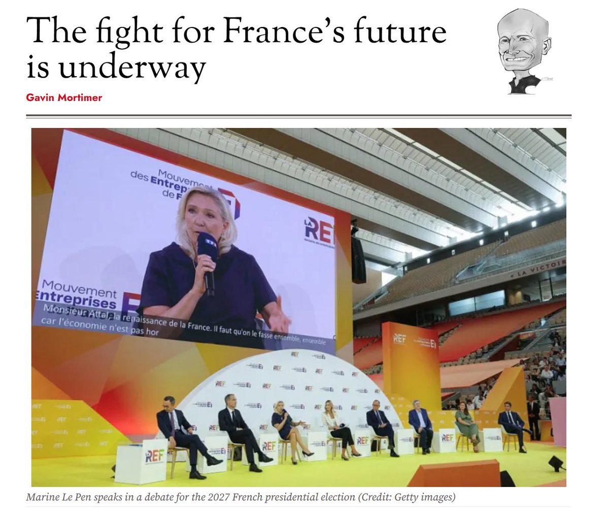 SpectatorOz's tweet photo. The fight for France is underway. The 2027 presidential campaign began last night as the leading candidates clashed in a live debate on the centre court of Roland Garros.

Jean-Luc Melenchon arrived at Roland Garros as the pantomime villain.

He and his party make no secret of their anti-capitalism. At an LFI rally last weekend, one of the party’s prominent figures, Manon Aubry, told a cheering audience:

               "We must not only tax the rich, but ban billionaires. If there are no more billionaires, then there will be no one left who owns the media, no one left who is destroying the planet."

Article | https://t.co/ASemaTSVBP