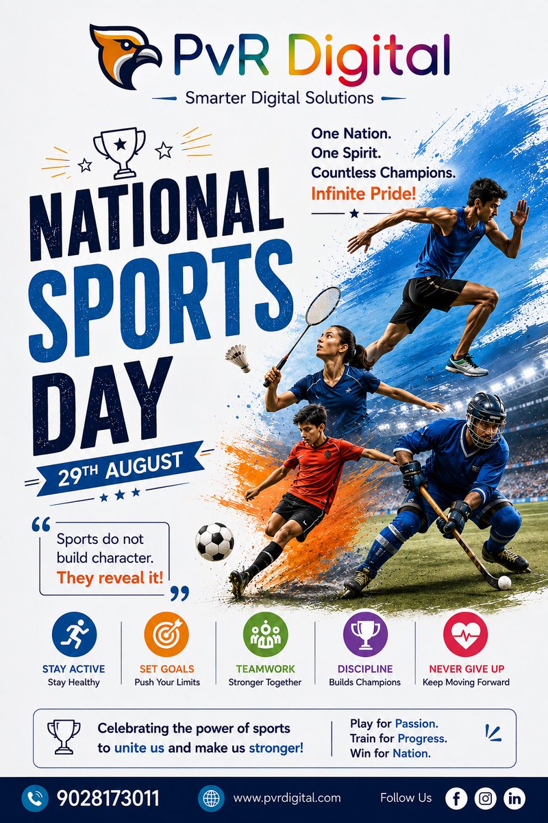 PvR_Digital's tweet photo. Sports inspire us to stay active, dream bigger, work together, and never give up. 
  Let’s celebrate the spirit of every champion who turns passion into progress!
  Play. Train. Persevere. Win! 🏅
#NationalSportsDay #NationalSportsDay2026 #Sports #Fitness #Teamwork #PvRDigital https://t.co/rM6yETCl0O