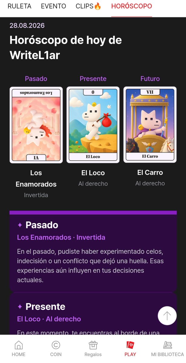 write_liar's tweet photo. Ahora sí me hiciste llorar, Jaymee. Fuera de broma si me llegó al corazón: "Avance hacia lo desconocido con optimismo y mantenga firme su determinación para asegurar su buen avance". 🥲🫂 

#TarotDeJaymee #MiSuerteDeHoy #LezhinEs #Lezhin https://t.co/gOWjbP30lN