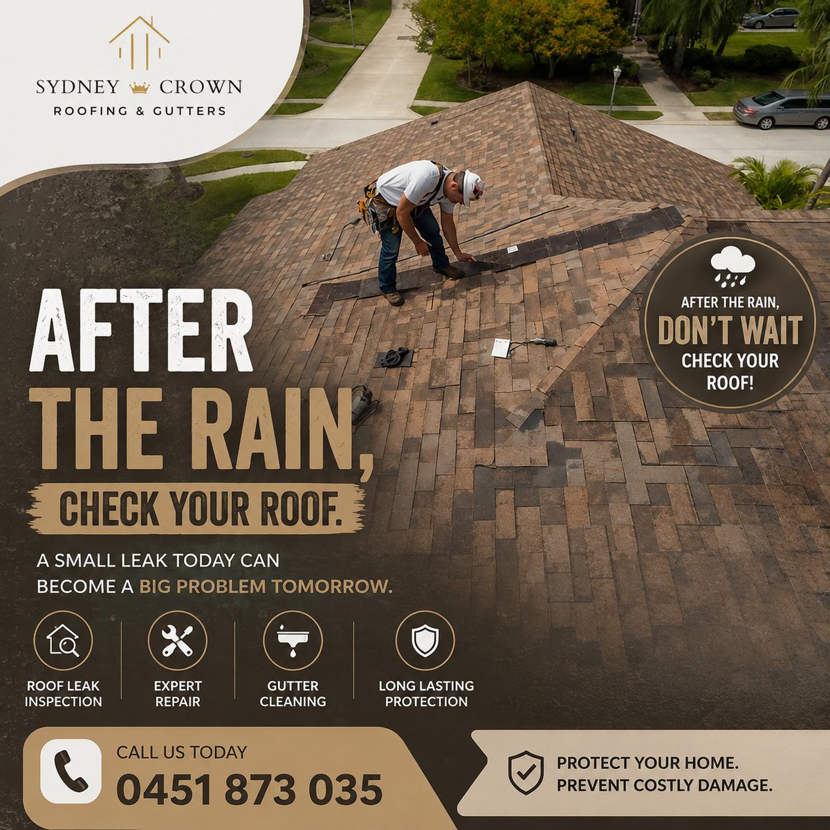 SydneyCrownrof's tweet photo. After the rain, check your roof!
A small leak or damaged area today can become a costly problem tomorrow. Get a professional roof inspection in Ingleburn, Macquarie Fields or Minto.

Roof Inspections | Roof Repairs | Gutter Services
📞 Call Sydney Crown Roofing &amp; Gutters today. https://t.co/zI26aXvWvp