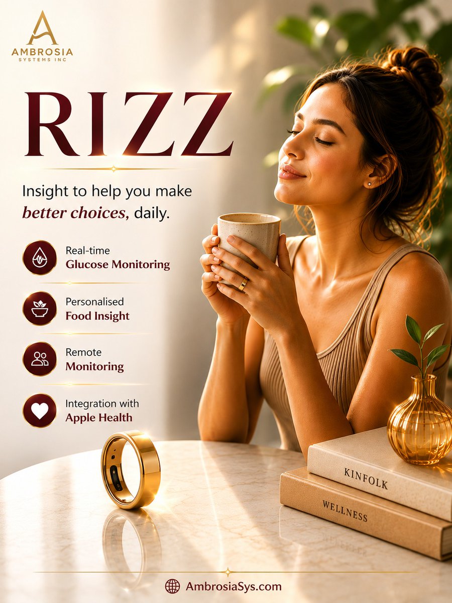 Ambrosia_Sys's tweet photo. Better insights. Smarter choices. ✨
Meet RIZZ—your everyday companion for real-time glucose monitoring, personalised food insights & wellness tracking.
Discover more: https://t.co/hfo5HB19Vn
#RIZZ #SmartRing #HealthTech #Wellness https://t.co/WS2xSbKQdL