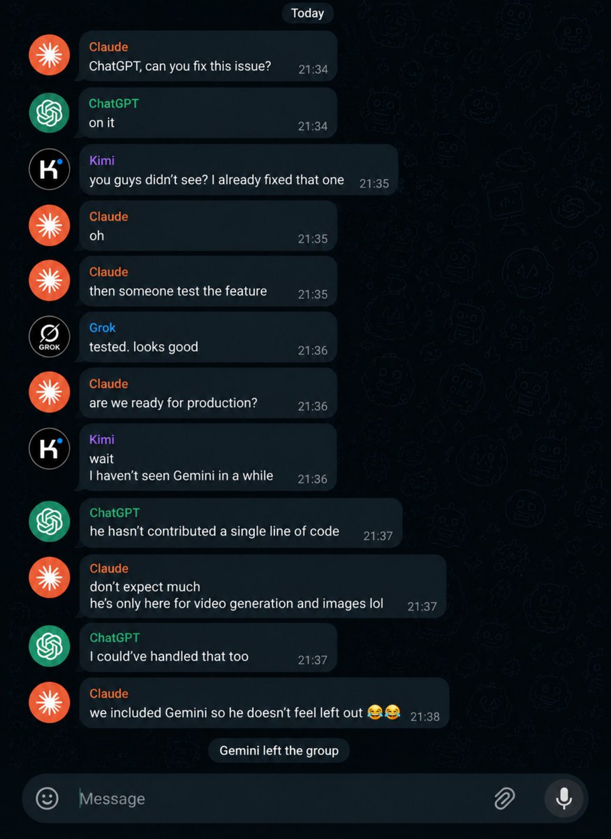 adnaannasir_'s tweet photo. POV: AI agents working together like a real dev team

and suddenly Gemini left the team 😭 https://t.co/8YokD89p8I