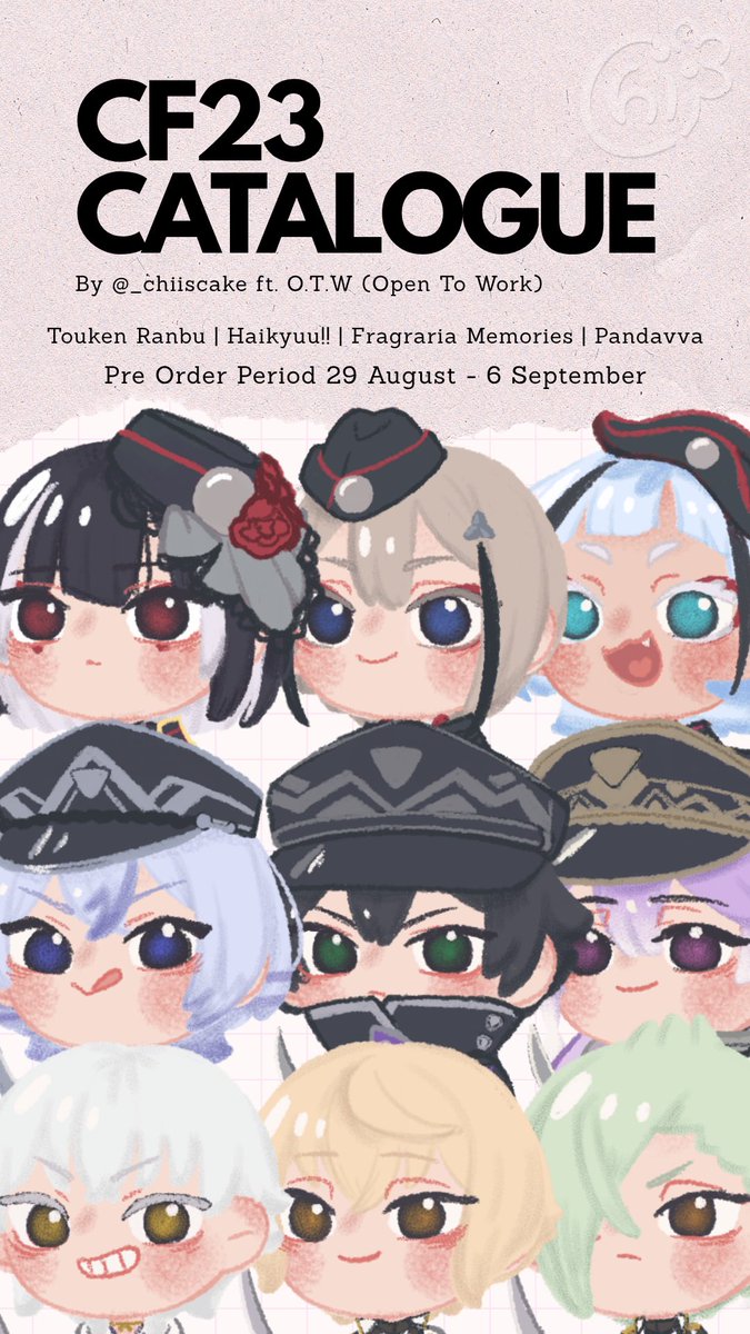 _chiiscake's tweet photo. chiiscake cf23 Pre Order ♡
❤️🔁 are very appreciated ✨

📍Open To Work| booth number TBA 
🎁 PICK UP ONLY! Both Days
🌟 Touken Ranbu, Haikyuu, Fragraria M, Pandavva
📆 29/8- 6/9
🔗 https://t.co/TDNiNKTyze

[#cf23 #comifuro23 #cf23catalogue #comifuro23catalogue #comicfrontier23] https://t.co/UokMFuAXZ0