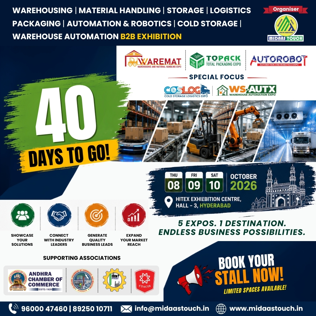 CoslogExpo's tweet photo. 🚨 40 DAYS TO GO!
🔥5 EXPOS. 1 DESTINATION.
📦 Warehousing | 🤖 Automation |❄️ Cold Chain | 📋 Packaging
🎯 SHOWCASE. CONNECT. GROW.
08–10 OCT 2026 
📍 HITEX, Hall 3, Hyderabad
🔥 BOOK YOUR STALL NOW!

#HyderabadExpo #B2BExpo #40DaysToGo #BookYourStall https://t.co/YpHzJQDnVD