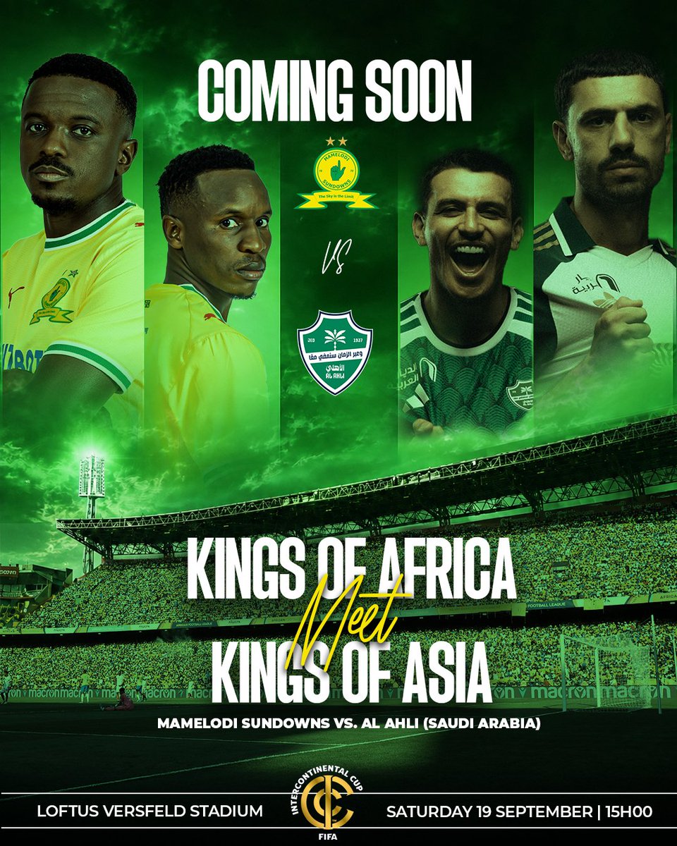 Masandawana's tweet photo. 𝙆𝙄𝙉𝙂𝙎 𝙊𝙁 𝘼𝙁𝙍𝙄𝘾𝘼 𝙈𝙀𝙀𝙏 𝙆𝙄𝙉𝙂𝙎 𝙊𝙁 𝘼𝙎𝙄𝘼 🌍

A continental clash awaits as Bafana Ba Style take on Al-Ahli FC in the FIFA Intercontinental Cup🏆

#Sundowns #NeverStopRising https://t.co/UuR4RPlFKi