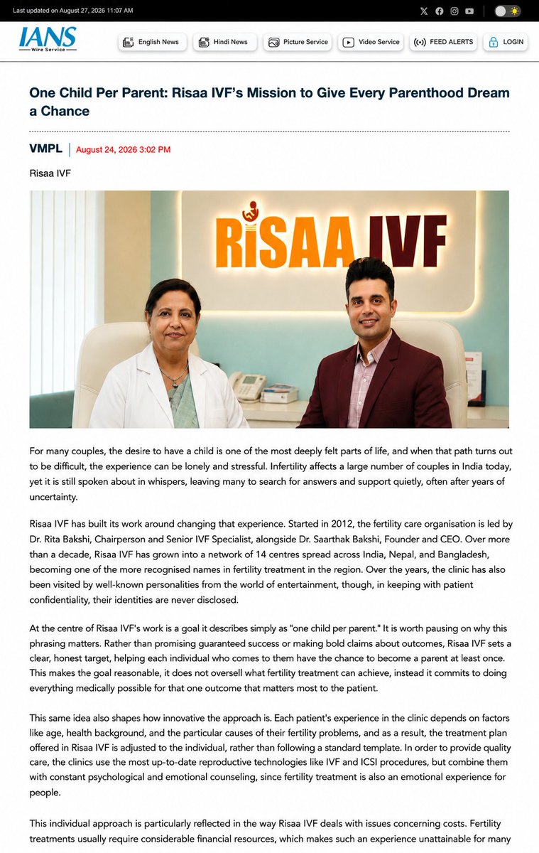 saarthak_bakshi's tweet photo. Proud to see @risaaivf ’s mission, “One Child Per Parent,” featured by @ians_india , alongside the contributions of @dr_ritabakshi to fertility care.
Read the full article here: https://t.co/30bmrm18QR
#RisaaIVF #IANS #OneChildPerParent
@ians_india
@risaaivf
@dr_ritabakshi https://t.co/oSt3Z7YU79