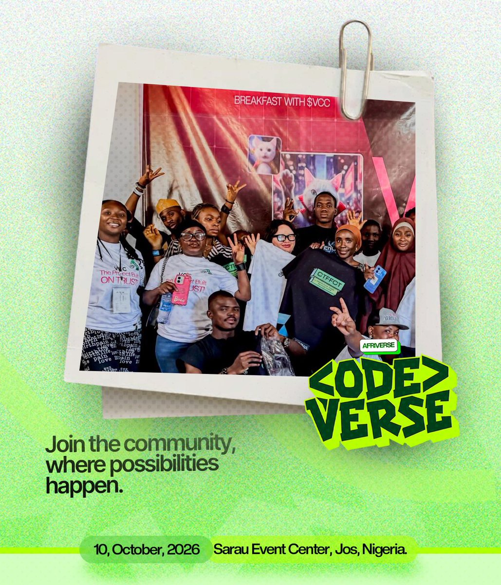 legbo_'s tweet photo. How many of you have actually met your online mutuals IRL? 

We spend so much time building online, but barely get to meet the people behind the accounts.

AfriVerse is turning 2 years, and after 6 successful IRL events + 2 hackathons, there taking things up another level with Coded-Verse 1.0.

📍 Jos, Plateau State, Nigeria
🗓️ 10th October, 2026

I might be there. 👀

If you’re in Jos, around Jos, or even outside Jos, start preparing. You can literally make the trip for this one.

Builders. Creators. Founders. Communities. Real people. IRL.

Don’t wait to see pictures from everyone else. 😂

🎟️ Registration: [https://t.co/u6aJkDMRjC]

follow: @globalAfriverse

join community: https://t.co/YSjUCALOQF

See you in Jos. 🤝