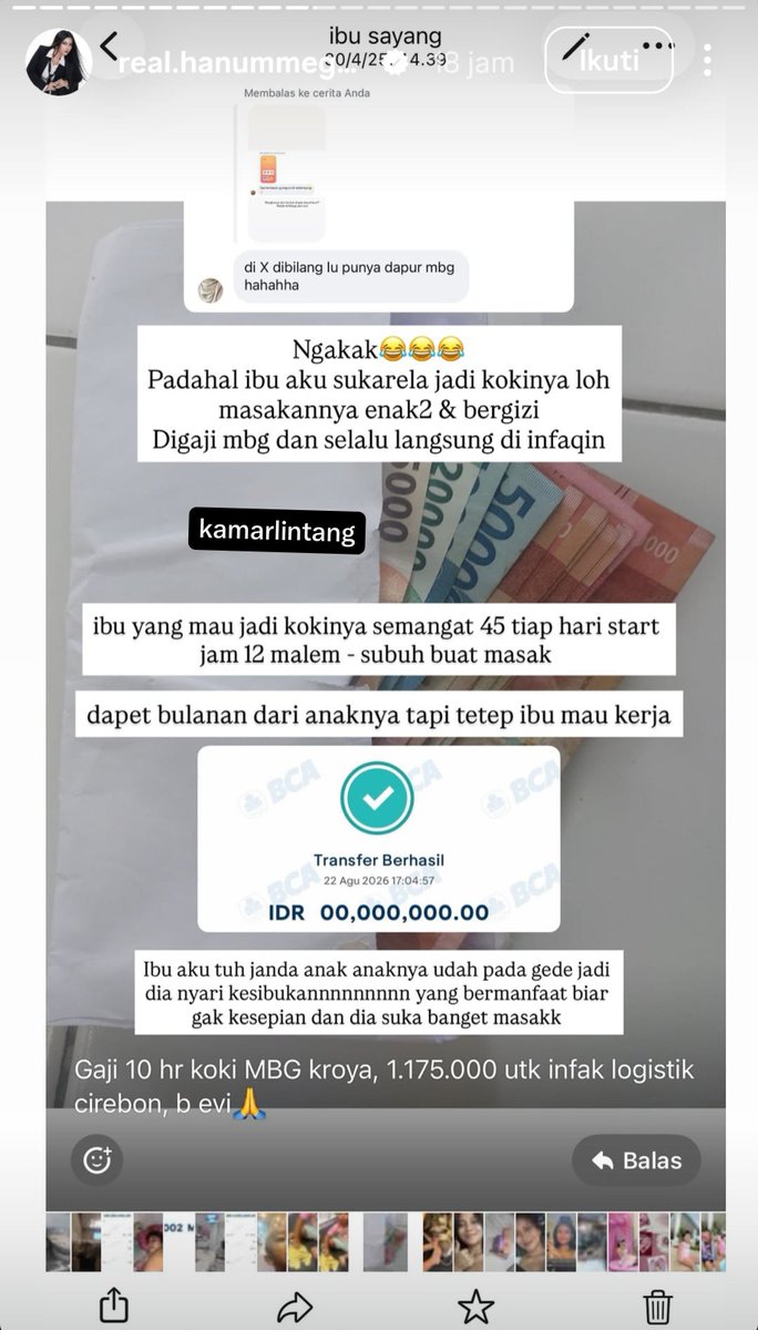 kamarlintang's tweet photo. Hanum Mega jawab tuduhan netizen yg bilang ibunya PUNYA dapur MBG,

Hanum nulis kalau ibunya tuh sukarela jadi koki di dapur MBG & digaji bulanan,

Hanum juga cerita perjuangan sang ibu masak dari jam 12 malam sampai subuh.

Hanum nulis gaji ibunya yg sekitar 1 jutaan disumbangkan untuk infak logistik.