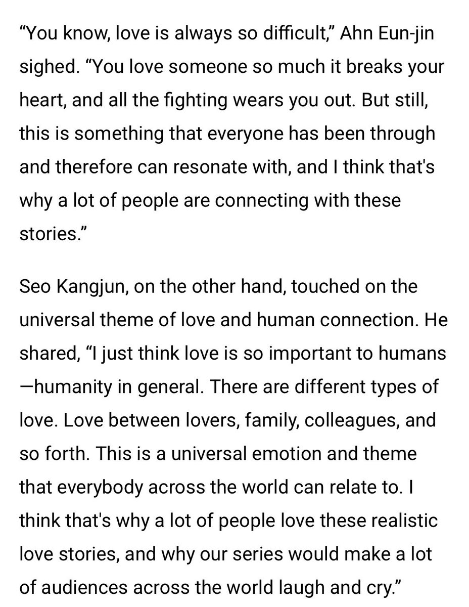 urpinkie's tweet photo. Ahn Eunjin and Seo Kangjun Interview from Metro Style

Eunjin: You know the saying 'the darkest hour comes just before dawn'? I think that's the phase that Mido is currently going through in her life.

Kangjun: This is a universal emotion and theme that everybody across the world can relate to. I think that's why a lot of people love these realistic love stories, and why our series would make a lot of audiences across the world laugh and cry. 

#ALoveOtherThanYours #너말고다른연애