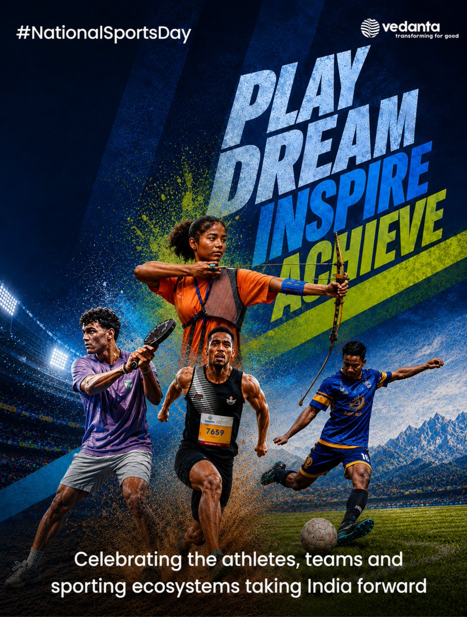 Vedanta_Group's tweet photo. Play. Dream. Inspire. Achieve. 🏆

Football in Rajasthan & Goa. Archery in Jharkhand & Odisha. Hockey with Kalinga Lancers. Padel with Vedanta Leopards. Marathons creating social impact across India.

This #NationalSportsDay, we celebrate every athlete and the power of sport to inspire change.

#Vedanta #Sports #DeshKiZarooratonKeLiye #TransformingForGood