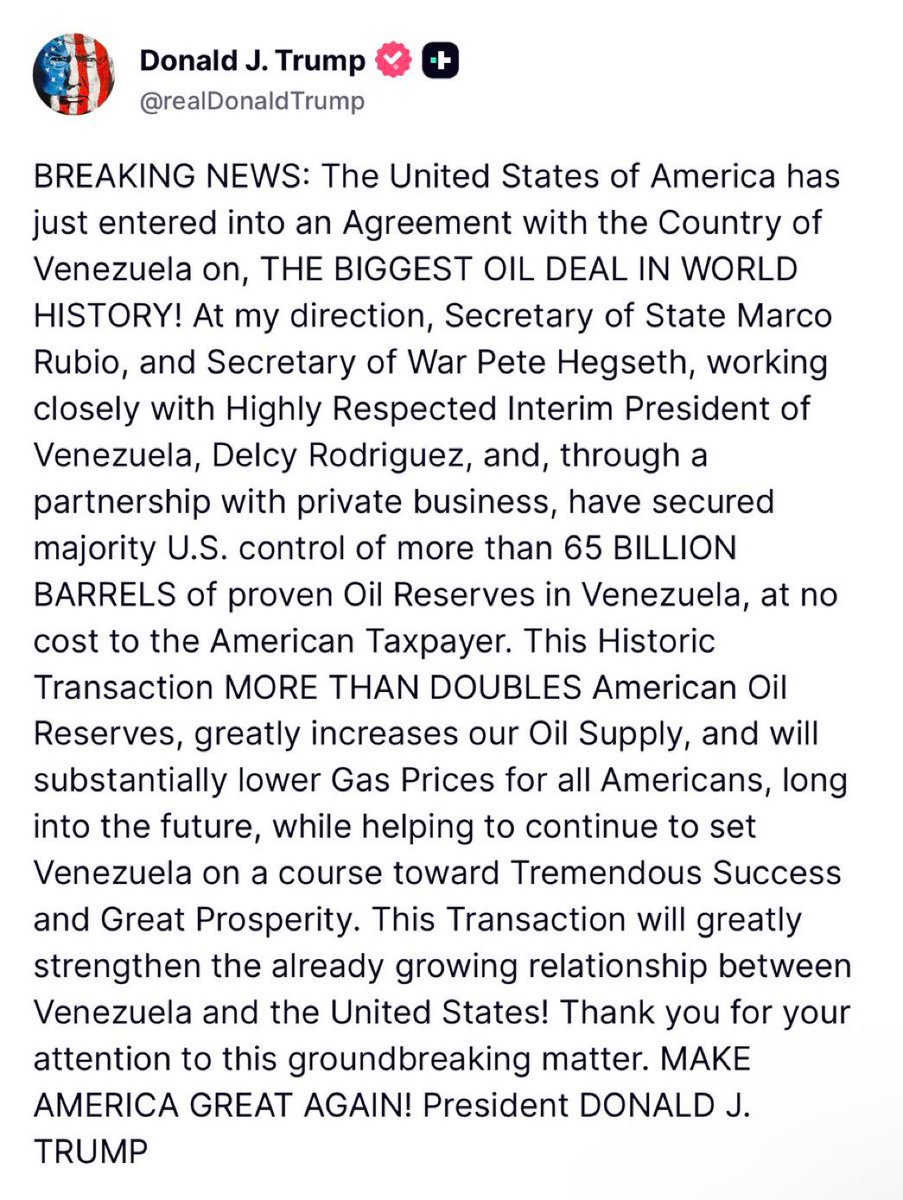 MarioNawfal's tweet photo. 🇺🇸🇻🇪 Toppling Maduro was never about drugs or freeing the people of Venezuela; it was always about the oil

Remember that the next time you read a headline about how the U.S is trying to help free the people of Iran

Trump's only interested in freeing countries from their oil

Writer: Ian