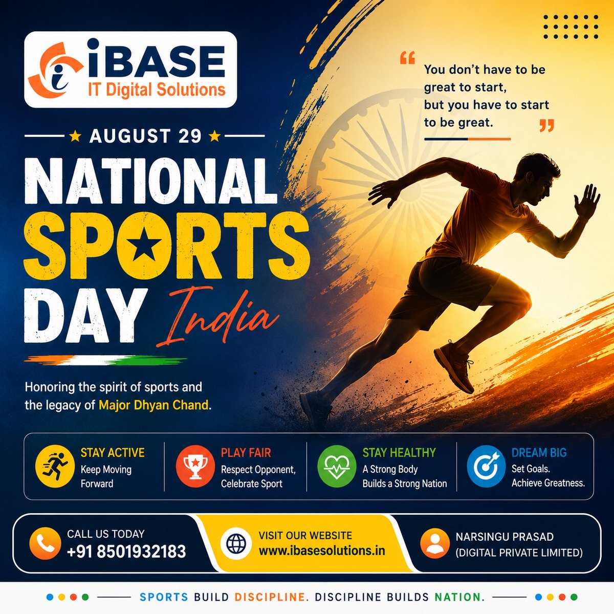 NarasinguP's tweet photo. 🏅 National Sports Day 🇮🇳

Let’s celebrate the spirit of sports, discipline, teamwork, and determination. Stay active, dream big, and inspire the nation! 💪🏆

📞 Mobile: +91 8501932183
🌐 Web: https://t.co/AZz55wHaeG

#NationalSportsDay #SportsDay #India #SportsSpirit #StayActive #PlayFair #StayHealthy #DreamBig #Discipline #MajorDhyanChand #iBASE #ITDigitalSolutions
@Narasinguprasad
