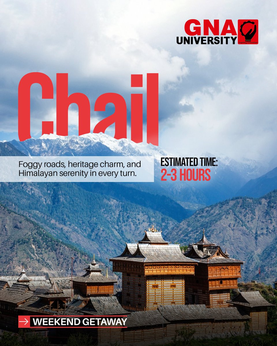GnaUniversity's tweet photo. Weekend plans? Let the mountains answer.

Just 2–3 hours away, Chail is all about misty roads, quiet moments, and that much-needed break from the routine.
Pack light. Breathe deep. See you in Chail!

#GNAUniversity #WeekendGetaway #Chail #MountainEscape #CampusLife #ExploreMore https://t.co/7KebmL8l8T