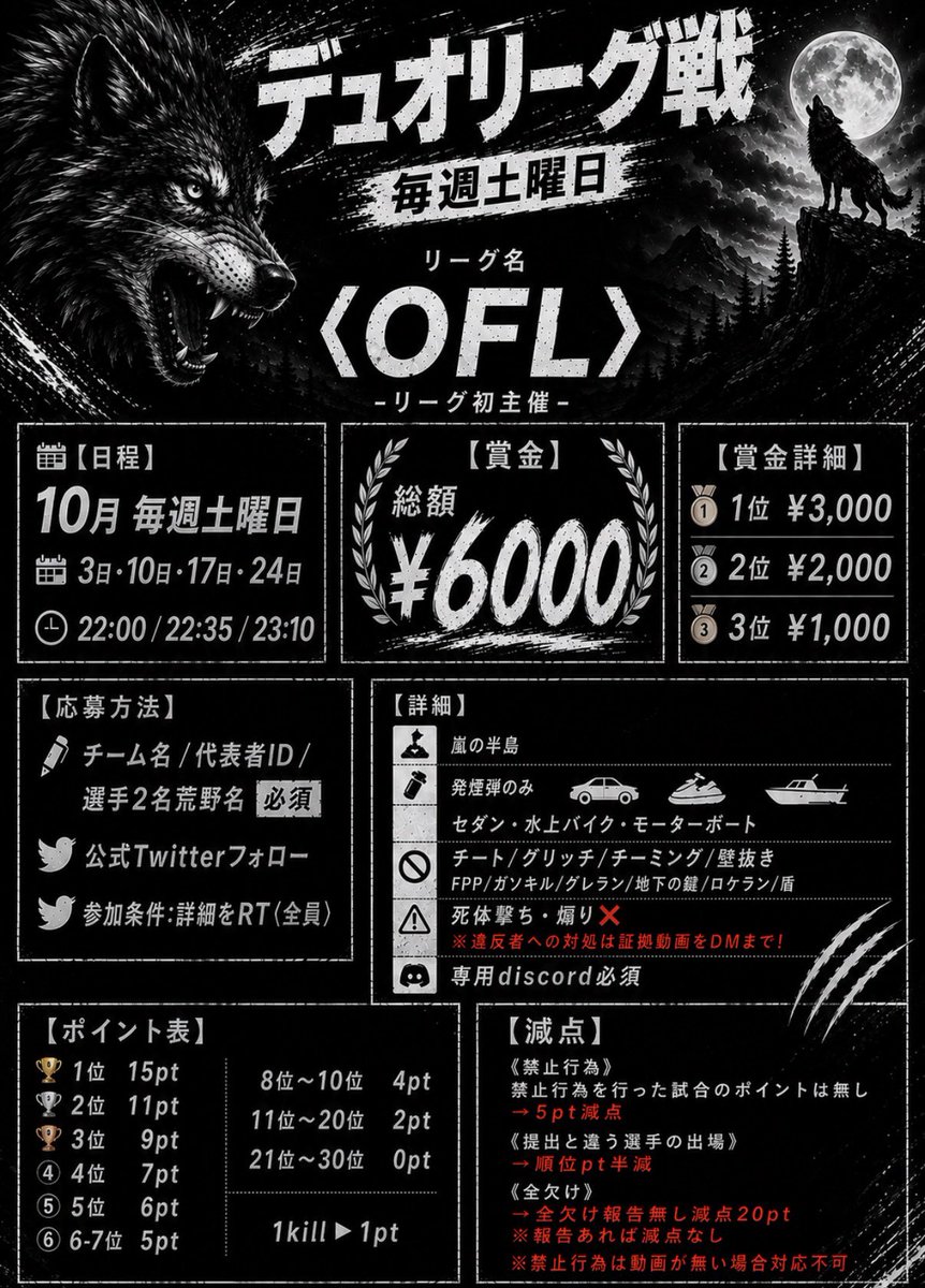 _OFA1101's tweet photo. ˗ˏˋ 𝐎𝐅𝐋 ˊˎ˗デュオリーグ戦

🗓￤10月3日･10日･17日･24日
⏰￤22:00・22:35・23:10【3戦pt制】
🗣￤#デュオリーグ戦 
💵￤総額￥6,000
📃￤RT・フォローのみ

💬￤チーム名･代表者ID･選手荒野名
　　  ︎︎︎︎︎︎☑︎9月27日23:00〆 

#デュオゲリラ https://t.co/LBWdlgtONz