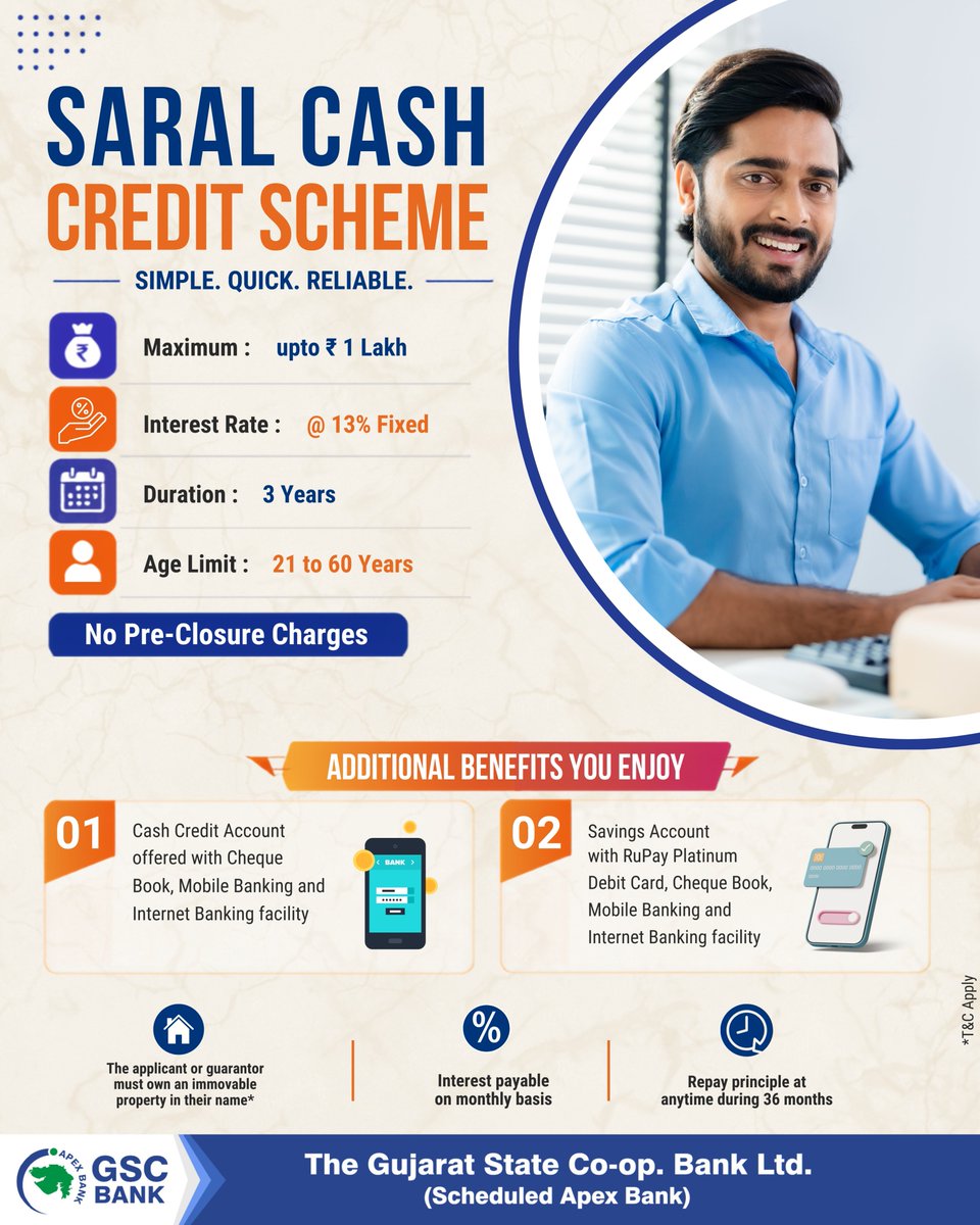 GSCBank's tweet photo. Need funds without the hassle?
GSC Bank’s Saral Cash Credit Scheme gives you up to ₹1 Lakh at a fixed 13% interest for 3 years — no pre-closure charges. Simple. Quick. Reliable.  Apply today and enjoy cheque book, mobile & internet banking plus a RuPay Platinum debit card.  #SaralCashCredit #GSCBank #GujaratStateCoopBank #CashCredit #QuickLoan #NoPreClosure #BankingMadeEasy #PersonalFinance #LoanScheme