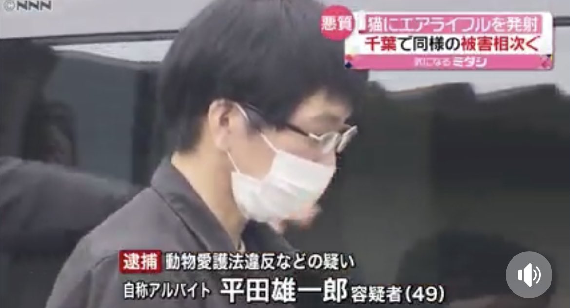dont4get7's tweet photo. 平田雄一郎。2018～20年千葉県で空気銃で猫を撃ち、2匹を殺害、4匹を負傷させた。本人は100匹ほど撃ったと供述。「弱いものをいじめたかった。撃つときの高揚感が忘れられない」身勝手な動機で命を弄び、判決は軽すぎる懲役1年6か月・執行猶予3年。こんな野郎が再び動物を傷つけないか警戒が必要だ。 https://t.co/4554wNFTMJ