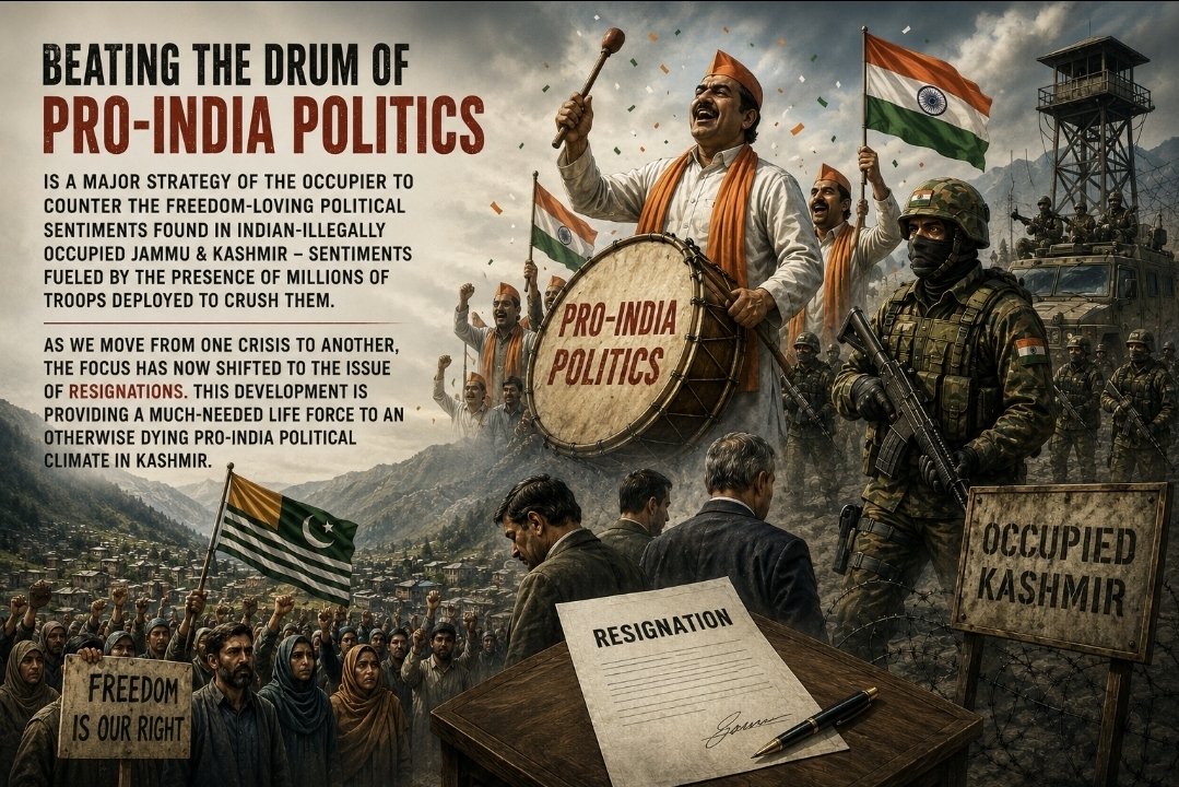 KashmirWatch's tweet photo. Beating the drums for pro-Indian politics serves as the occupier's key strategy to counter the pro-freedom political sentiments that persist in the disputed state of Kashmir - sentiments backed by the reality of a million-strong military presence deployed to suppress them. 1/2 https://t.co/PyxdO9naLW