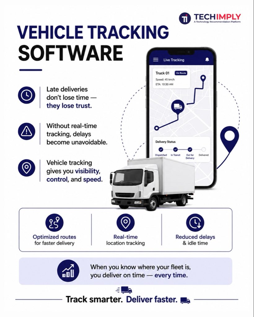 Techimply1's tweet photo. Vehicle Tracking 🚚
Late deliveries can cost more than time , they can cost customer trust.
💡 Track smarter. Deliver faster. Build trust. 🚀
https://t.co/dKO5WxENp6
#VehicleTracking #FleetManagement #
#BusinessSoftware #Techimply https://t.co/rbA7MC1Mly