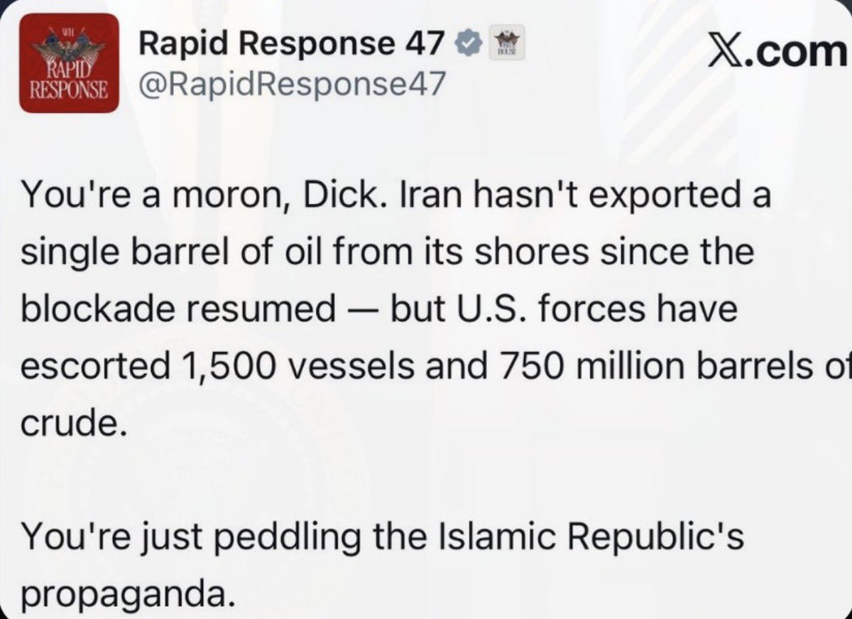 ConstitustionX's tweet photo. 🔥 WHITE HOUSE JUST OBLITERATED DURBIN 🔥
Senator Dick Durbin dared to claim Iran still holds the Strait of Hormuz HOSTAGE.
Trump’s Rapid Response team didn’t hold back. They went nuclear:
“You’re a MORON, Dick.
Iran hasn’t exported a SINGLE barrel of oil since the blockade resumed.
Meanwhile U.S. forces have escorted 1,500 vessels and 750 MILLION barrels of crude.
You’re just peddling the Islamic Republic’s propaganda.”
The Strait is OPEN. America is in CONTROL. Iran is locked out.
This is what winning looks like. 🇺🇸⚔️