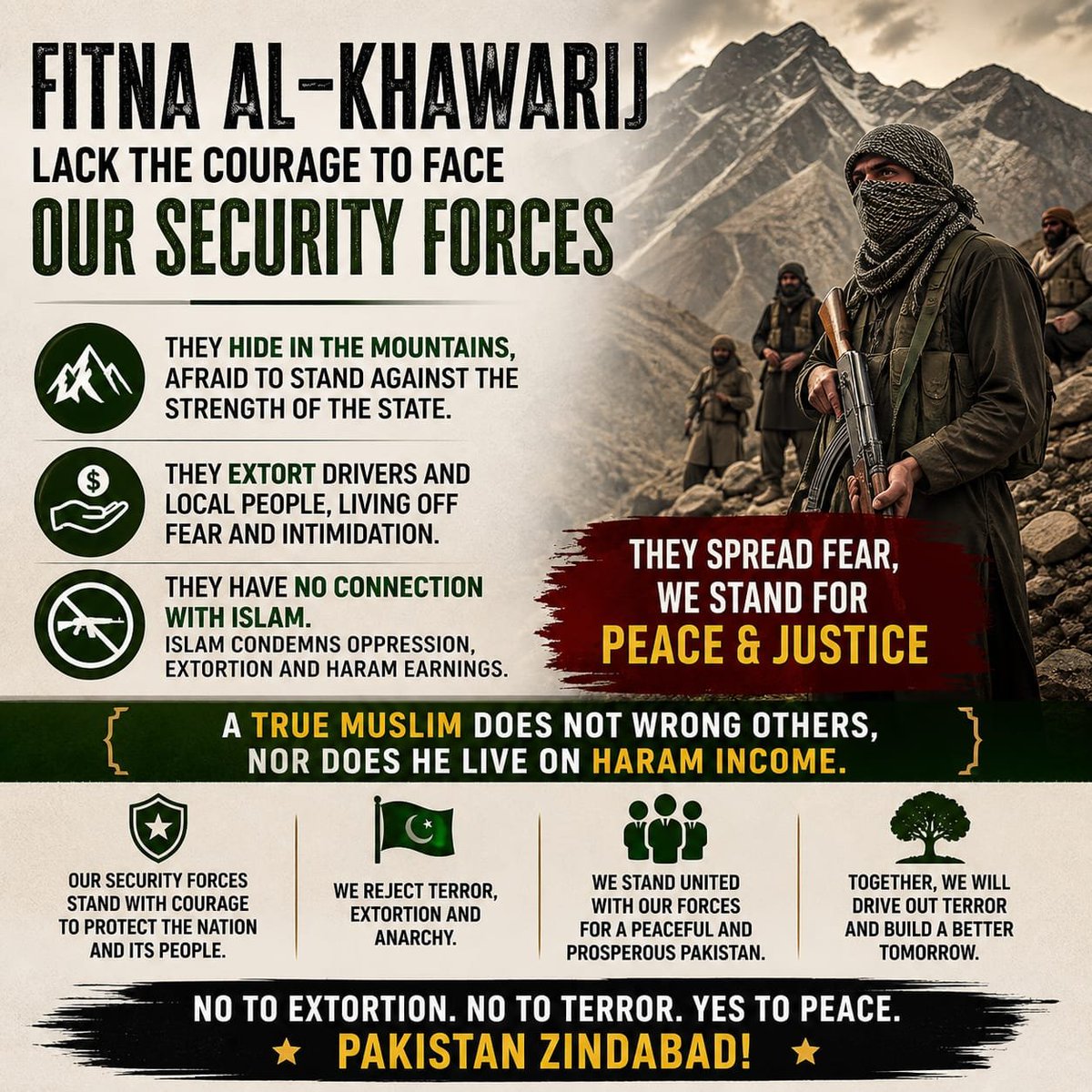 ZaraBugti's tweet photo. Fitna al-Khawarij hide in the mountains, intimidating communities and extorting drivers and civilians. Such violence, fear, and unlawful earnings contradict Islamic principles and cannot represent Islam or the people.
#CounterTerrorism #PeaceInBalochistan #RejectExtremism https://t.co/BqL7PlyDpo
