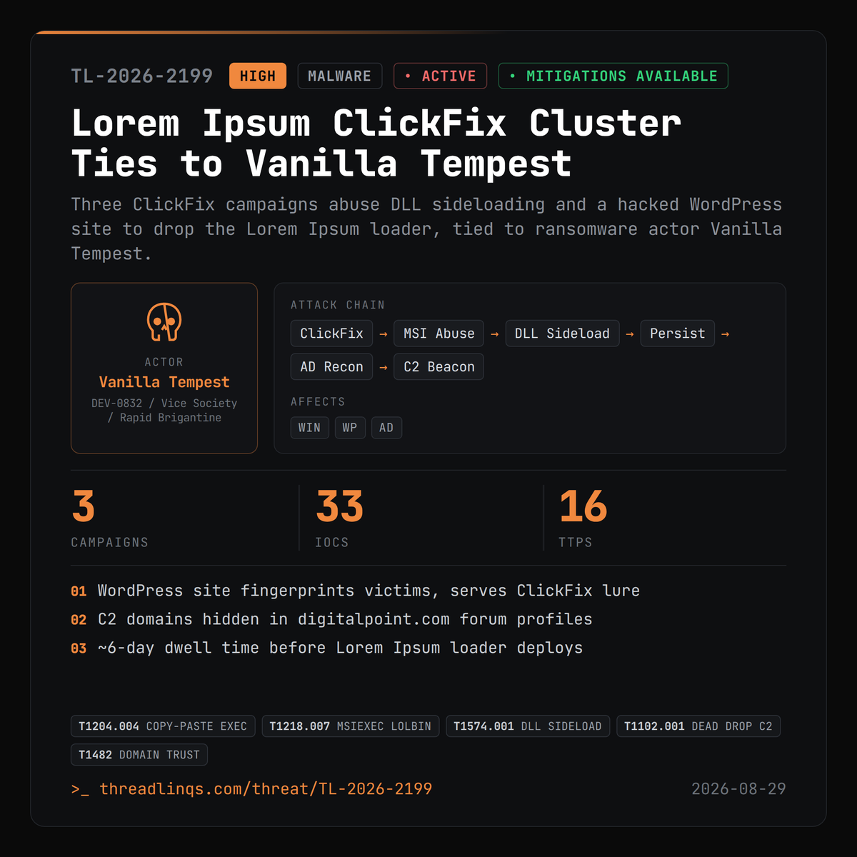 threadlinqs's tweet photo. ClickFix lures sideload DLLs via fake installers, dropping Lorem Ipsum loader tied to Vanilla Tempest. https://t.co/QWRdsq6zvs #ThreatIntel #INC #GootLoader #Lorem https://t.co/9U33GYuuoY