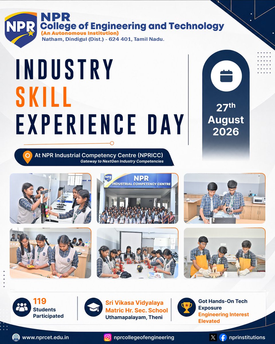 nprinstitutions's tweet photo. π 119 students from Sri Vikasa Vidyalaya (Uthamapalayam, Theni) experienced real-world engineering at NPRICC during our Industry Skill Experience Day on 27.08.2026!
βοΈ Hands-on tech exposure that sparks young minds! π
#NPRGI #NPRNatham #NPRCET #Autonomous #NAAC #NBA #NPRICC https://t.co/fUgKT8d5Zz