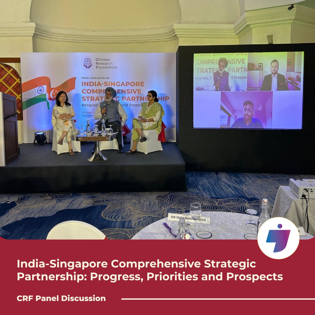 ChintanResearch's tweet photo. We convened a #PanelDiscussion on “India-Singapore Comprehensive Strategic Partnership: Progress, Priorities and Prospects”, alongside the official release of the CRF policy brief of the same title.

Some key themes that emerged from the discussion:

1. The #IndiaSingapore relationship has evolved from strong foundations in trade and economic cooperation into a comprehensive strategic partnership spanning defence and security, technology, connectivity and people-to-people ties.

2. #Singapore remains an important financial, economic and diplomatic bridge for India’s engagement with #ASEAN and the wider #IndoPacific, giving the partnership significance well beyond the bilateral context.

3. #AI and #DigitalInfrastructure, green shipping and port connectivity, space and satellite cooperation, and skilling and education offer considerable potential to drive the next phase of collaboration.

4. Greater engagement between Singapore and Indian states can add further depth to the partnership, creating new avenues for investment, innovation, connectivity and people-to-people cooperation.

5. Singapore's upcoming ASEAN Chairmanship could provide a significant opportunity for innovative regional cooperation with India as an equal stakeholder.

We sincerely thank the Deputy High Commissioner of Singapore to India, representatives of @SGinIndia, and all our distinguished speakers and participants for their valuable insights and perspectives, which made the discussion both substantive and forward-looking.

@AmbGurjitSingh | @ShrabanaBarua | @indfoundation | 
#CRFEvent #IndiaSingaporeRelations #StrategicPartnership #ActEastPolicy #ChintanResearchFoundation