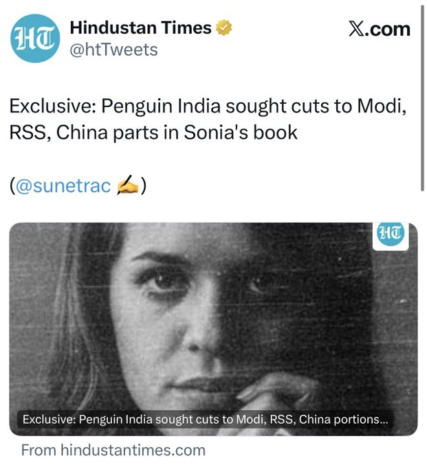 sojijacob_Inc's tweet photo. Modi. RSS &amp; China.

Apparently, these are the subjects that became too uncomfortable for Penguin India to carry in Sonia Gandhi ji’s memoir.

If a book is being published worldwide, why should Indians get a censored version?

Who is afraid of what the book might reveal? https://t.co/139xiL26lz