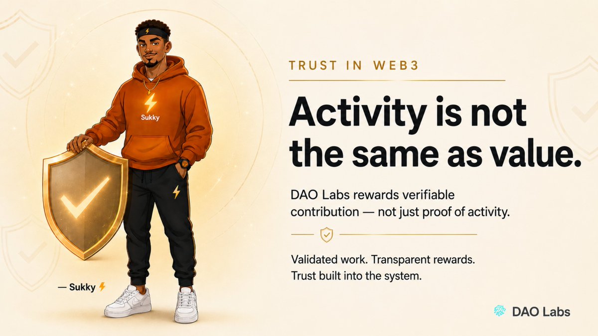 only_one_sukky's tweet photo. Web3 has a trust problem, right?

Hype cycles. Empty promises. Noise everywhere. Most platforms reward activity.

But @TheDAOLabs? They reward something different: verifiable contribution.

Every contribution goes through a three-stage validation framework.

- Peer-to-peer validation checks for genuine effort.

- Quality validation assesses originality and relevance.

- Results validation measures actual impact.

The platform separates accepted work from approved work; because completed tasks are not the same as created value.

That is the difference between noise and substance, and makes #SocialMining different.