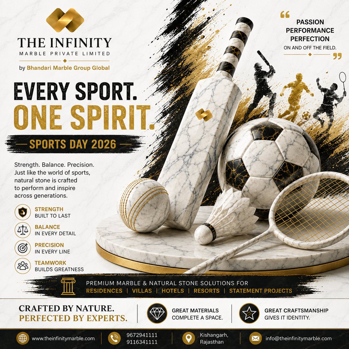 InfinityMarbles's tweet photo. Every Sport. One Spirit. 🏏⚽🏸
Celebrating Sports Day 2026 with strength, balance, precision &amp; teamwork. From cricket and football to badminton, we reimagine the spirit of sport through timeless marble craftsmanship.
#SportsDay2026 #TheInfinityMarble #MarbleArt #Teamwork https://t.co/pwCsc4tNhG