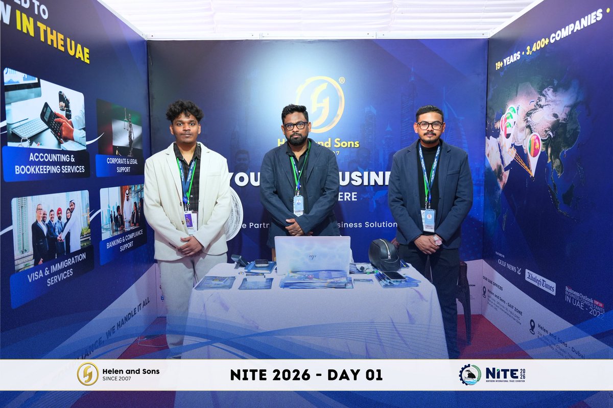 HelenandSons's tweet photo. Day 01 at NITE 2026 🇦🇪✨

Thinking about starting, expanding, or restructuring your business in the UAE? This is your chance to meet our experts.

Hurry up — only 2 days left!
Visit us at NITE 2026 and turn your UAE business plans into action.

#NITE2026 #HelenAndSons https://t.co/YGzZL5R7iT