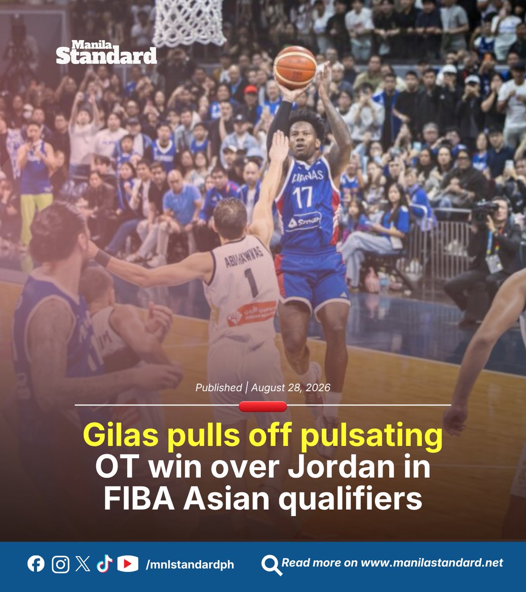 mnlstandardph's tweet photo. #MSSports│Gilas Pilipinas drew endgame heroics from CJ Perez, Kevin Quiambao, and Kai Sotto to escape Jordan in overtime, 82-81, and seize a crucial win to start the fourth window of the 2027 FIBA World Cup Asian Qualifiers on Friday night at the Mall of Asia Arena in Pasay City.
Read more: https://t.co/NH4NPt9YWA